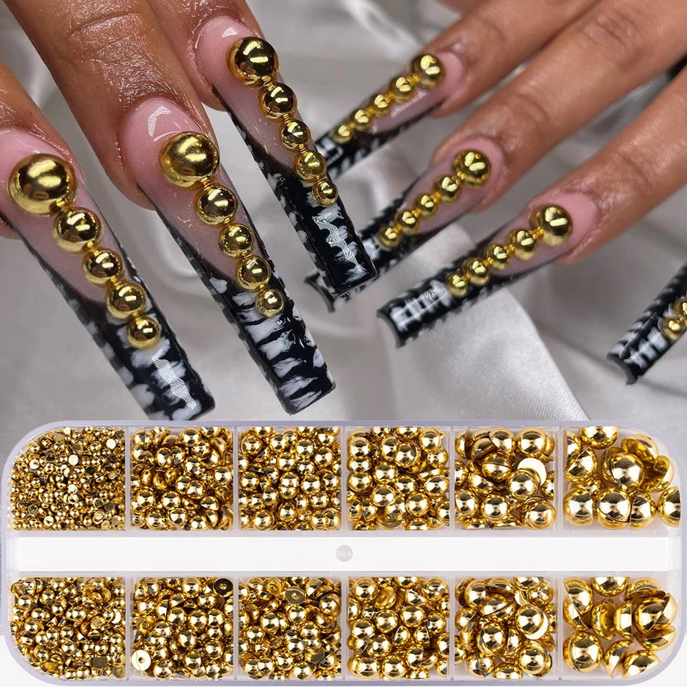 12Grid Shiny Silver Half Round Metal Caviar Bead Nail Rivets Charms 2/3/4/5/6/8mm Flatback Pearl Balls Nail Art Studs Y2k Decora
