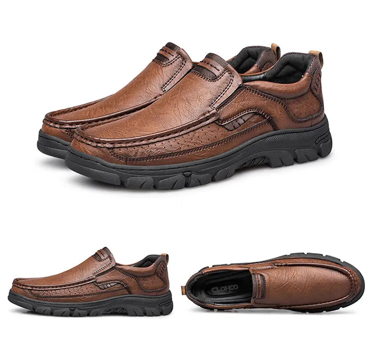 CLOHOOMen's Casual Loafers Handmade Breathable Leather Shoes with Thick Rubber Sole Comfortable Footwear Classic Hand Sewn Seams