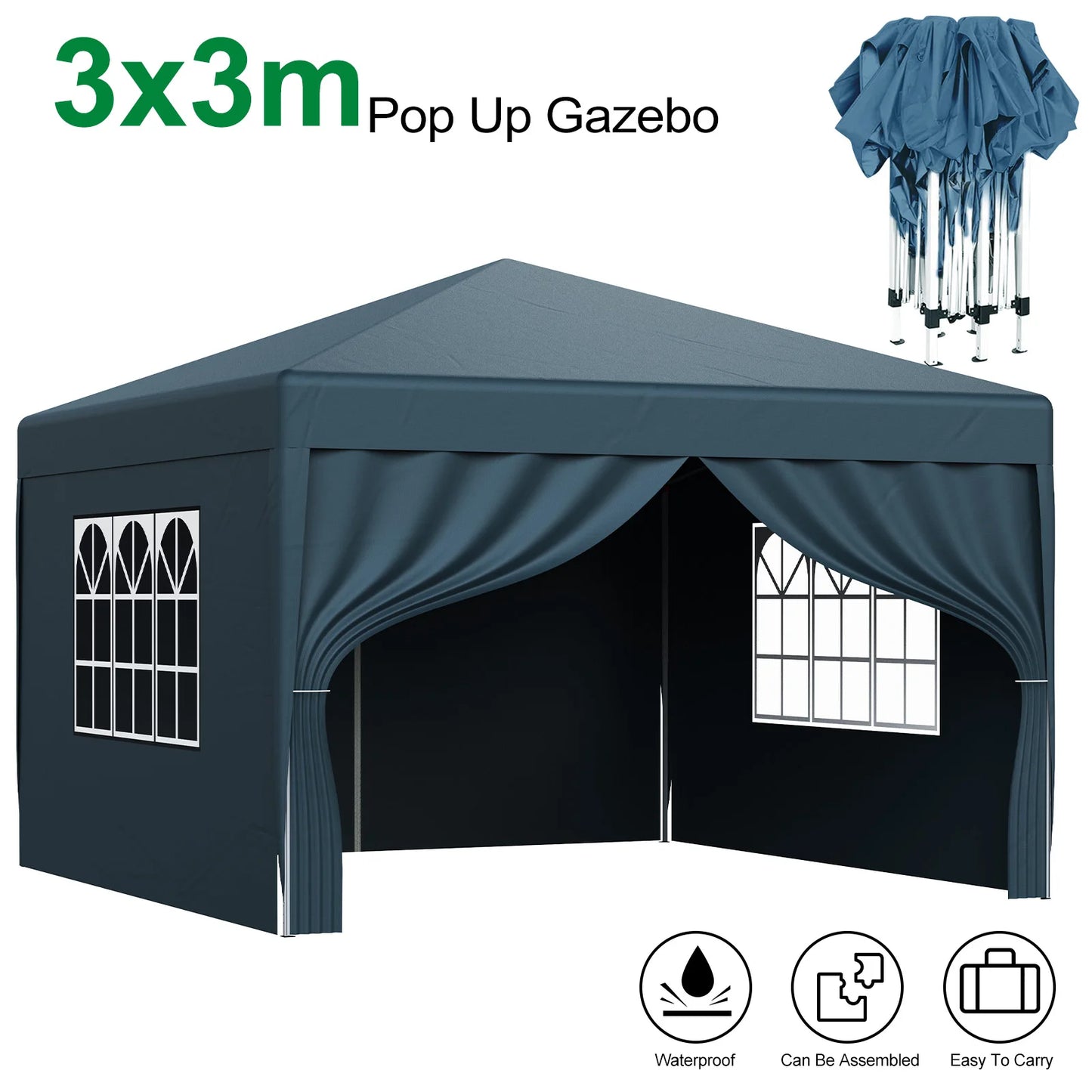 LOEFME 3x3M Pop Up Gazebo Waterproof Windproof Portable Outdoor Canopy Sun Shelter Removable 4 Sides Cloths Garden Camping Tent