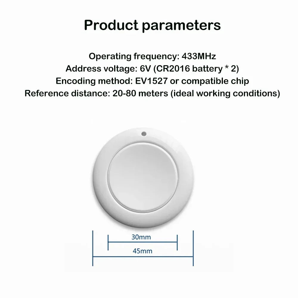 EV1527 Chip Learning Type 1 Button Round 433Mhz Wireless Remote Control Switch , SOS Panic Button Doorbell