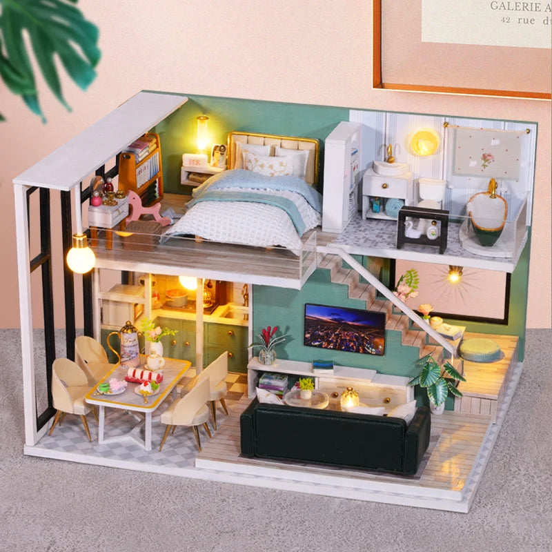 DIY Wooden Doll House Handmade Duplex Apartment Production 3D Puzzle Assembly Building Duplex Apartment Model Toy Children Gifts