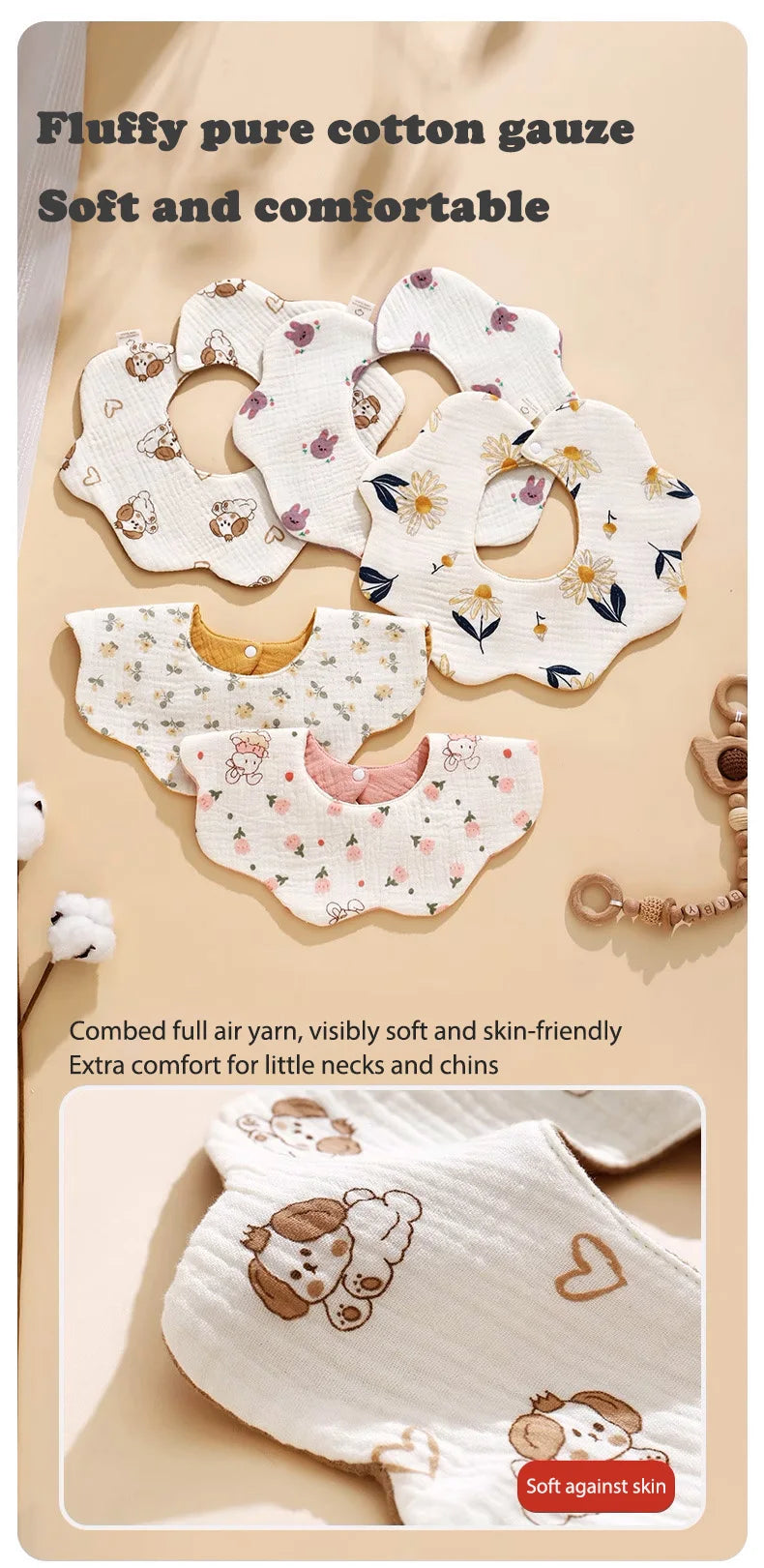 5-piece baby feeding bibs, made of pure cotton gauze, with cute patterns, soft and skin-friendly, double-sided use as drool rags