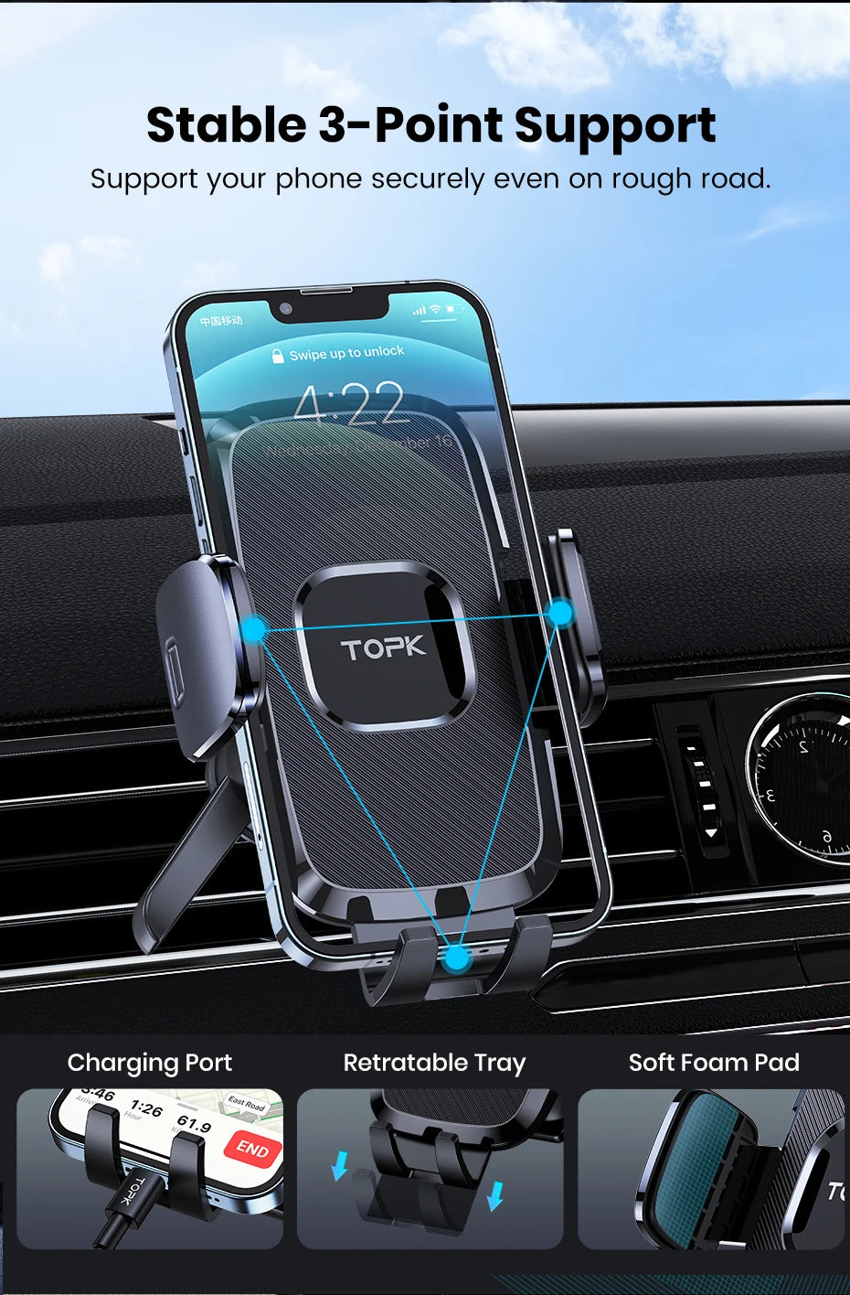 TOPK D35-S Car Phone Holder, Universal Phone Mount for Car with Hook Clip Air Vent Car Mount 360° Rotation for Mobile Phones