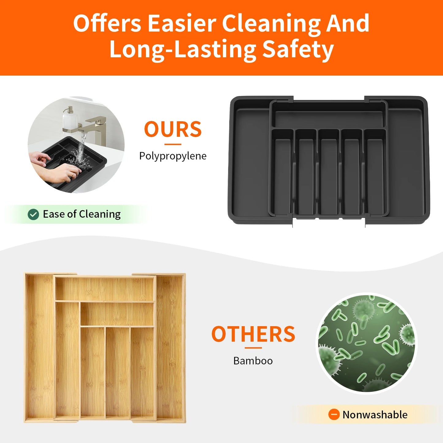 Cutlery Drawer Organiser, 33-57CM Expandable Utensil Tray for Kitchen with 8 Compartment Holders,for Spoons Forks Knives