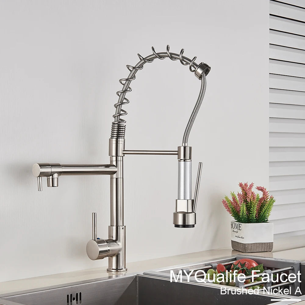 Black Pull Down Brass Kitchen Sink Faucet Hot Cold Water Mixer Crane Tap with Dual Spout 360 Rotation High Faucet Deck Mounted