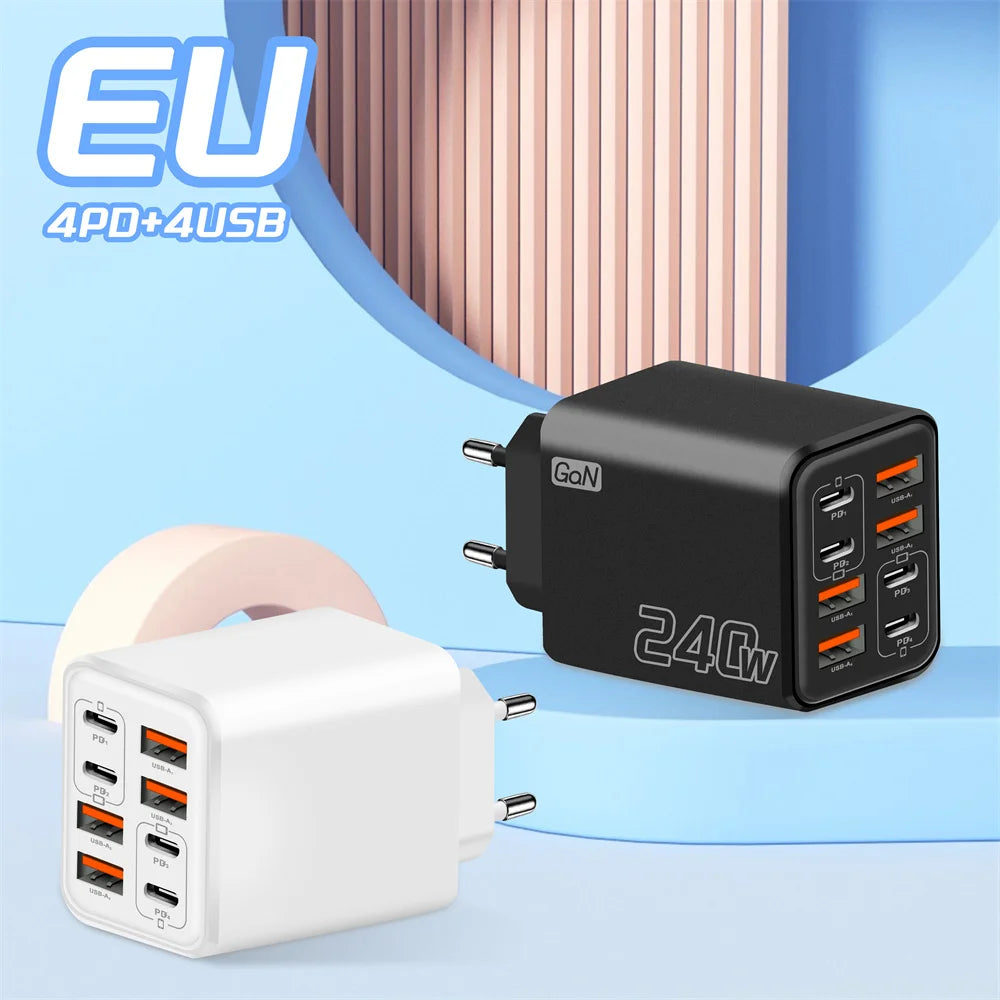 240W 8 in 1 USB C GaN Charger Fast Charging Phone Charger Power Adapter For iPhone Samsung Xiaomi EU/US/UK Plug Travel Charger