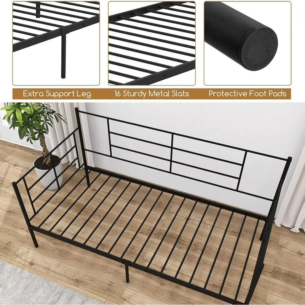 Single Day Bed with Metal Frame, 28cm Underbed Storage, Slat Support, Black Mattress Platform, 90x190cm Mattress for Living Room
