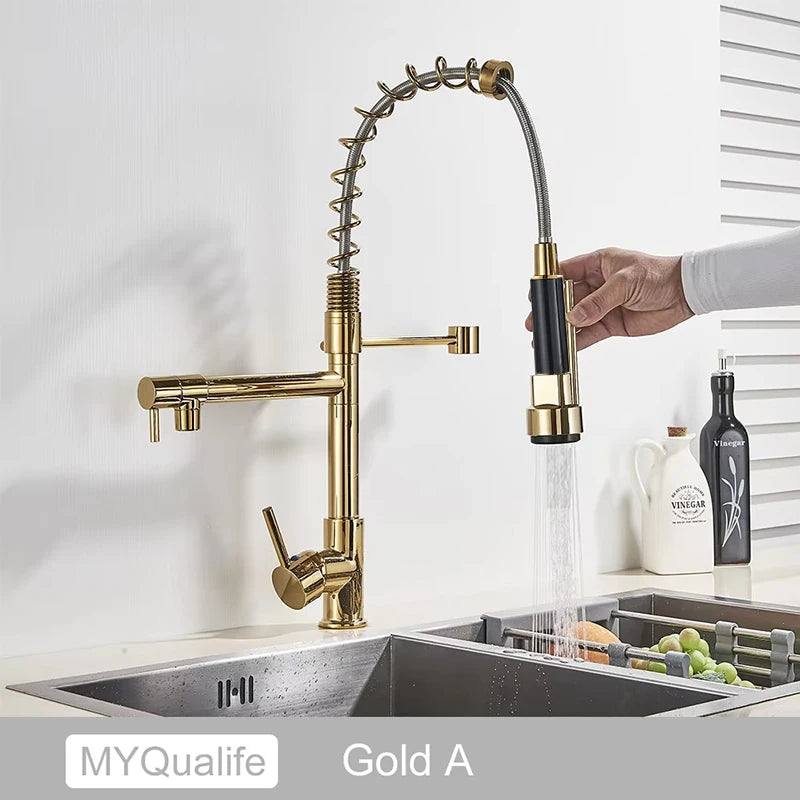 Black Pull Down Brass Kitchen Sink Faucet Hot Cold Water Mixer Crane Tap with Dual Spout 360 Rotation High Faucet Deck Mounted
