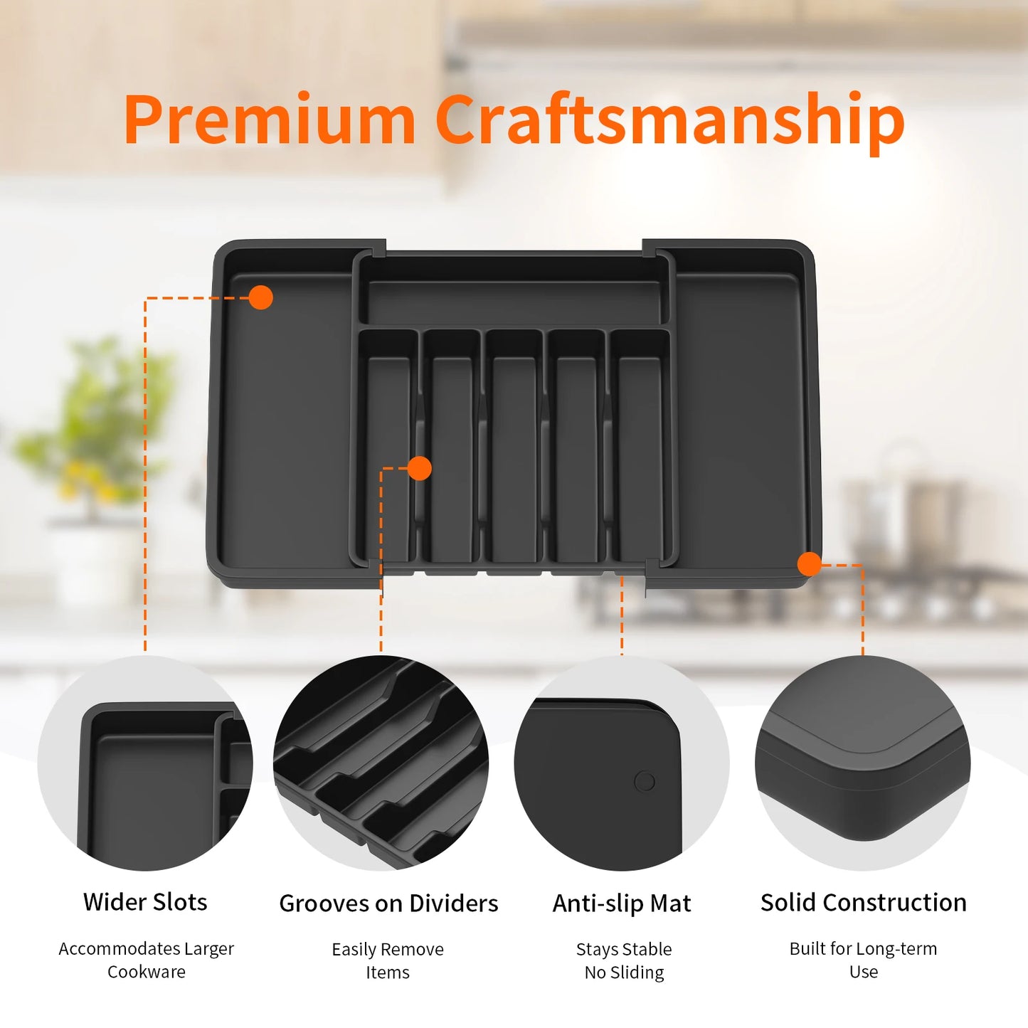 Cutlery Drawer Organiser, 33-57CM Expandable Utensil Tray for Kitchen with 8 Compartment Holders,for Spoons Forks Knives