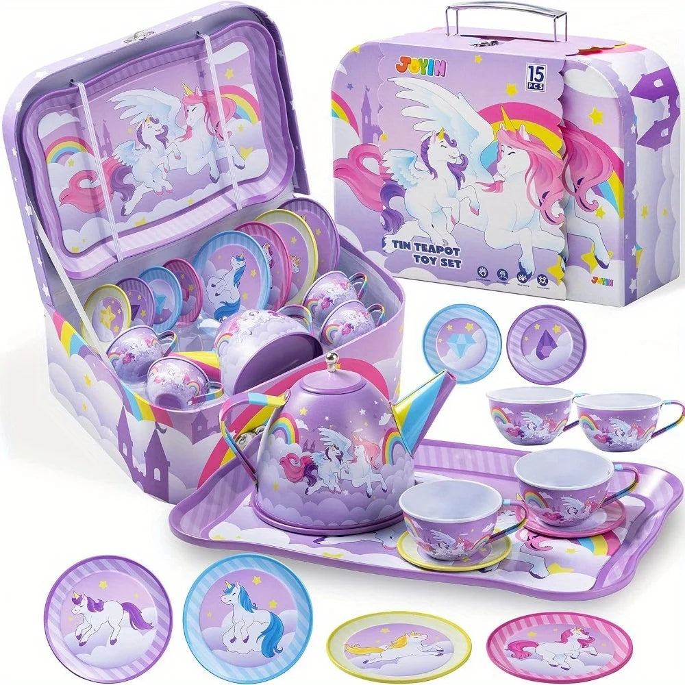 JOYFY Unicorn Tea Party Set Pretend Purple Tin Teapot Set Princess Tea Time Play Kitchen Toy for Girls Birthday Chirstmas Gift