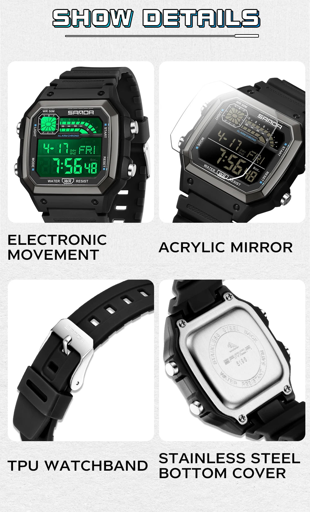 SANDA Outdoor Sport Electronic Watch Men Multifunction Watches Alarm Clock Chrono Waterproof LED Digital Double Time Watch
