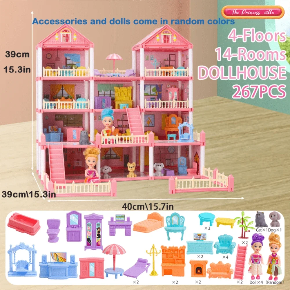 Girl Doll House Toy 3d Assembly Dollhouse Diy Mini Toy Accessories Villa Princess Pink Castle Children Pretend Birthday Gift