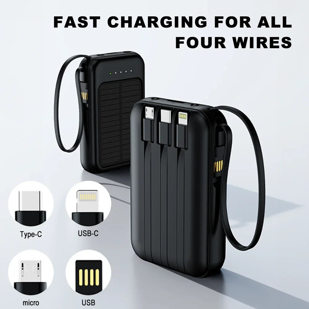 20000mAh Portable Solar Power Bank Built in 4 Cables External Battery Pack  Mini Powerbank  with LED Light for Cell Phones