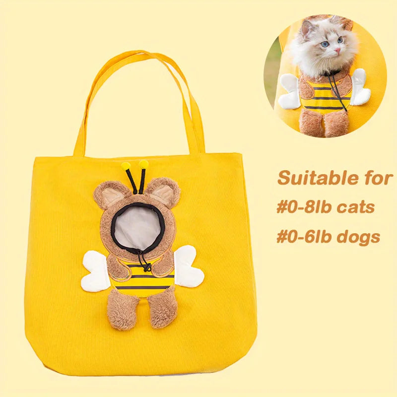 Pet Shoulder Carrying Bag, Cute Bee-Shaped Pet Canvas Shoulder Bag Cat Carrier, Portable Cats Small Pet Canvas Tote Chest Bag