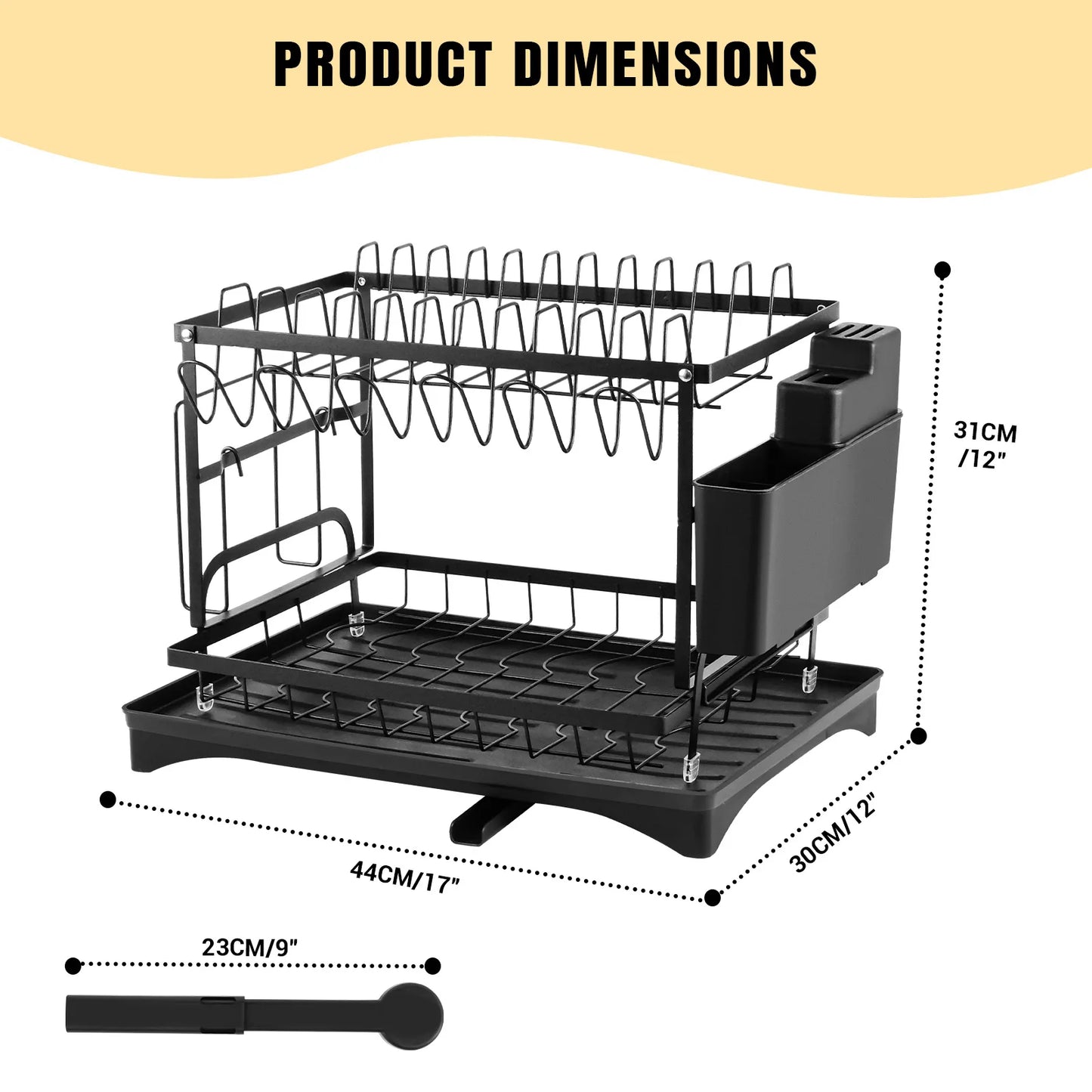 2 Tier Dishes drainer rack, kitchen Metal dishes drain rack with Drainboard, tableware tray drainer storage rack, kitchen organizer, 44x31x30cm, black