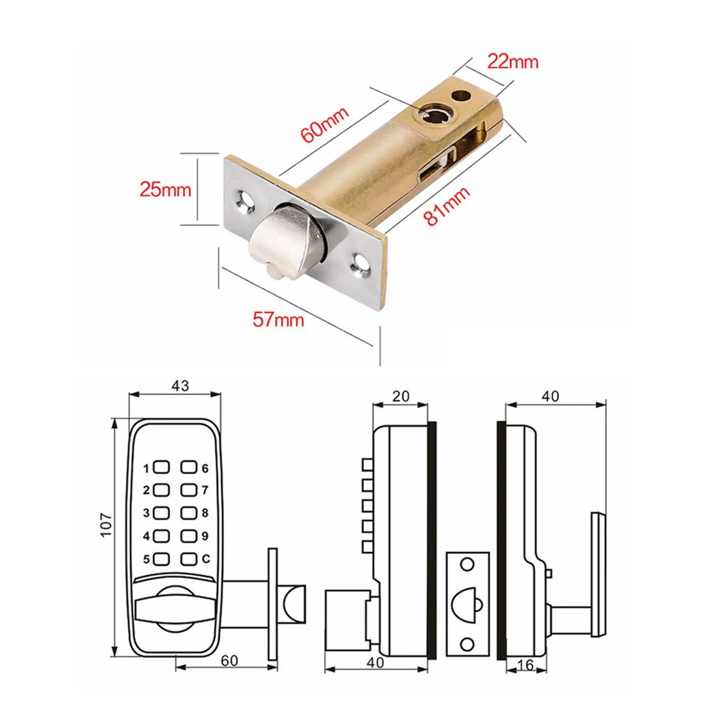 Mechanical Door Lock Latch Door Lock Password with Keypad Push Button Digital Access Lock Office Garage