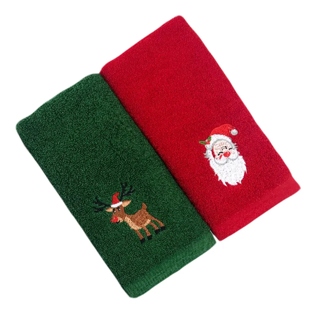 2Pcs Christmas Cartoon Face Towel Pure Cotton Embroidered Xmas Towel for Kids Holiday Gift Soft Absorbent Facial Cloth