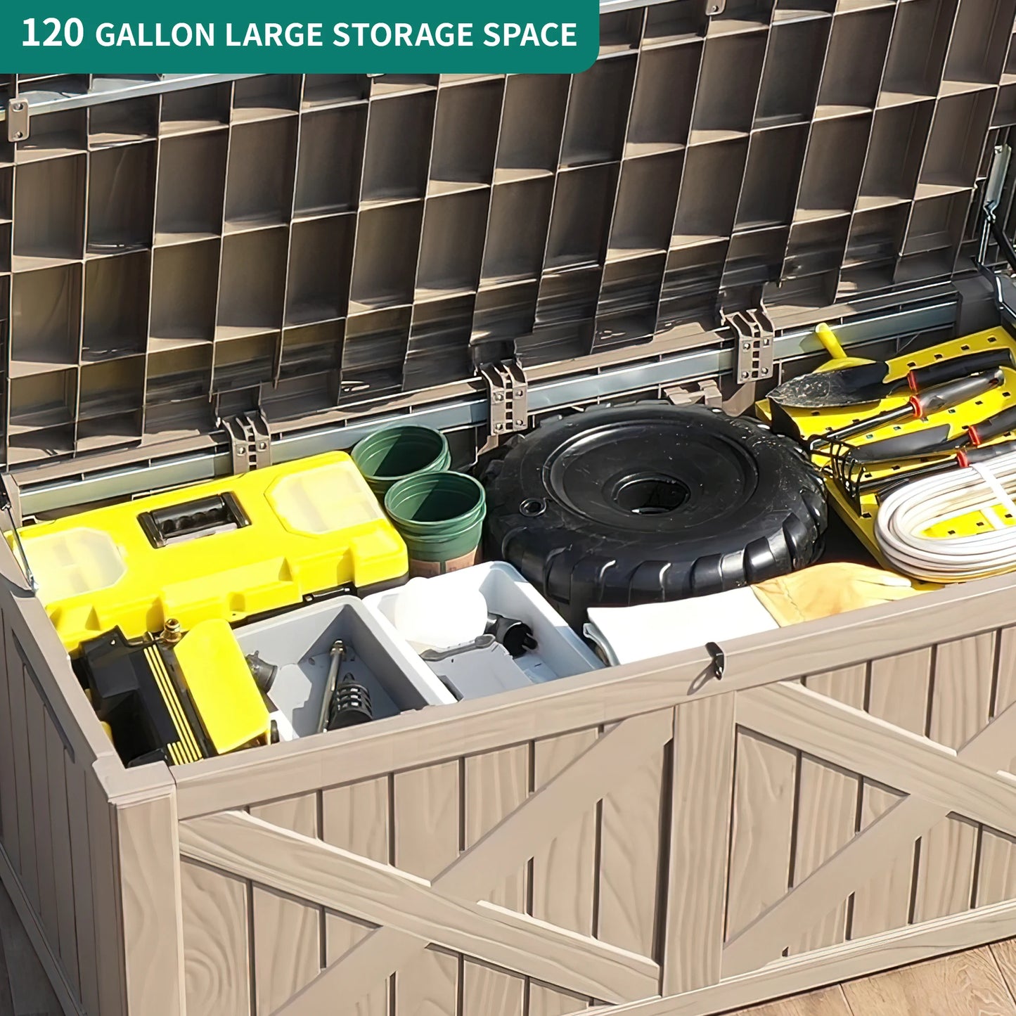 450L X-Front Resin Deck Box, Waterproof Lockable Outdoor Storage Bench for Patio Cushions & Garden Tools