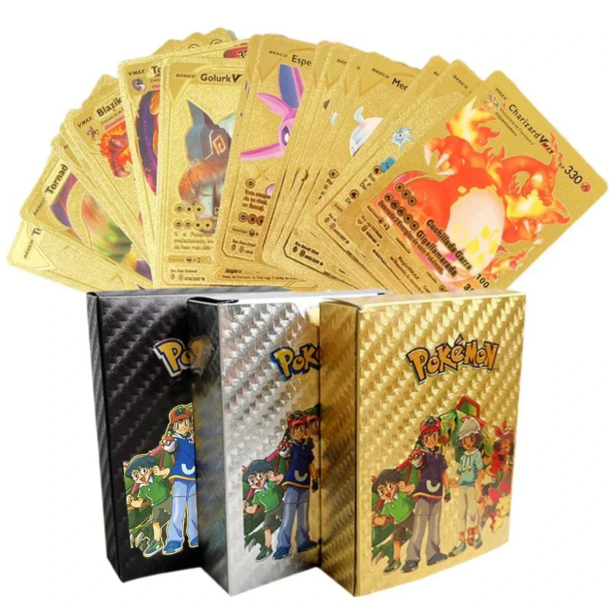Pokemon Rainbow Gold Silver Black Foil Vmax Gx Cards Golden Letters English Game  Collection Battle TrainerCard Series Gift