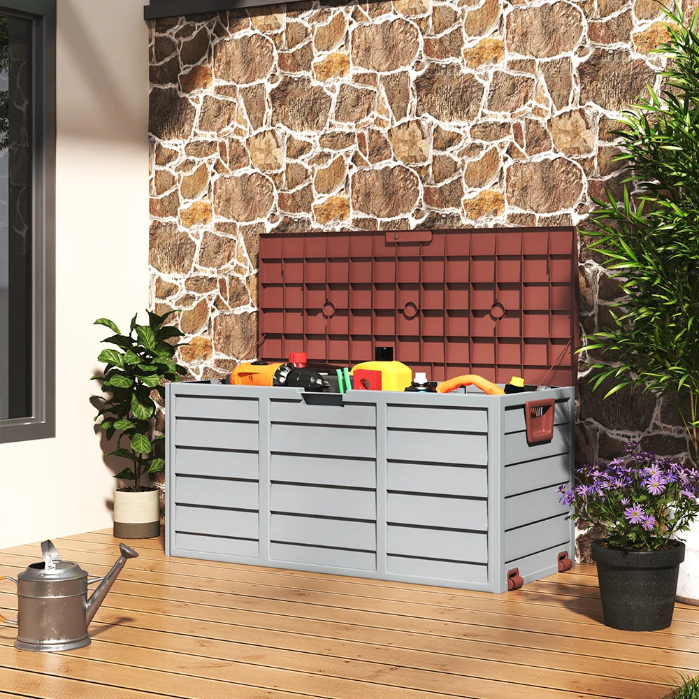 Voltsify 290L Waterproof Large Plastic Garden Storage Box with Lift-up Top  and Wheels