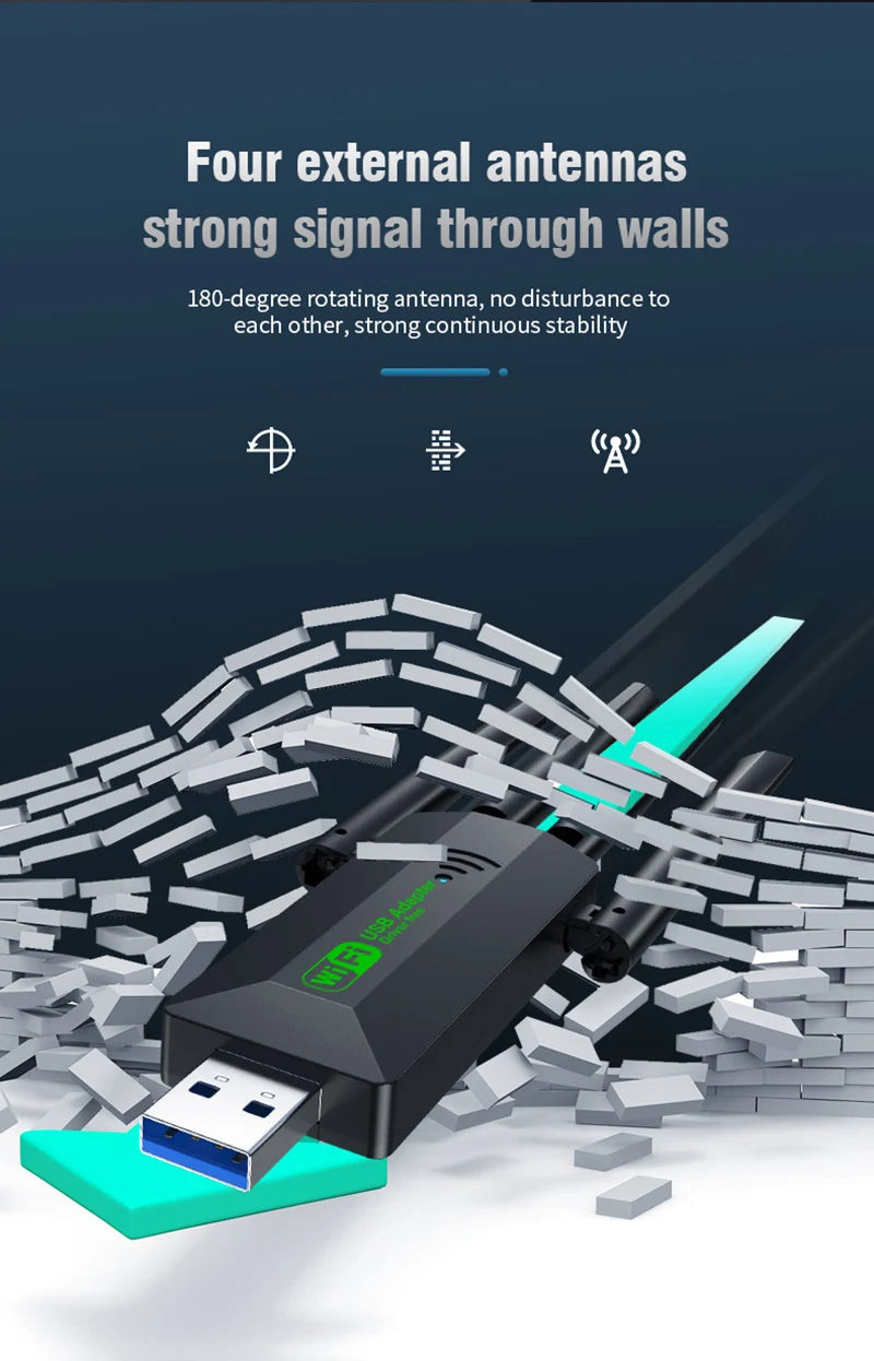 1200Mbps WiFi USB Adapter Dual Band 2.4G+5Ghz Wi-Fi Dongle 4 Antenna 802.11AC USB3.0 High-Speed Wireless Card Receiver PC/Laptop