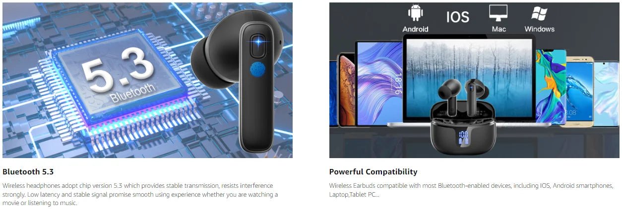 Wireless Earbuds with Bluetooth 5.3, In-Ear Headphones Featuring 4 ENC Mics and 40 Hours of Playtime, LED Display Included.