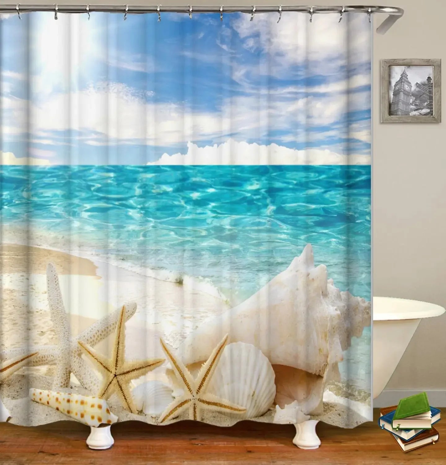 Bath Curtain Sea Beach Shell Starfish Shower Curtains 180*180cm Waterproof Bathroom Home Washable Fabric Bath Screen 12 Hooks