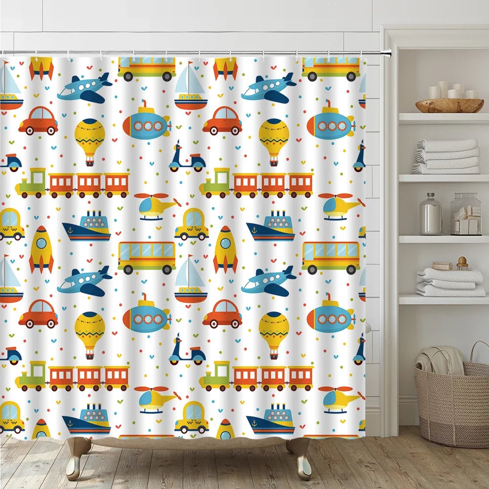 Cartoon Car Bathroom Decor Set Teens Transportation Car Shower Curtain for Kid Boy Girl Truck Bus Taxi Bath Mat Rug Toilet Cover