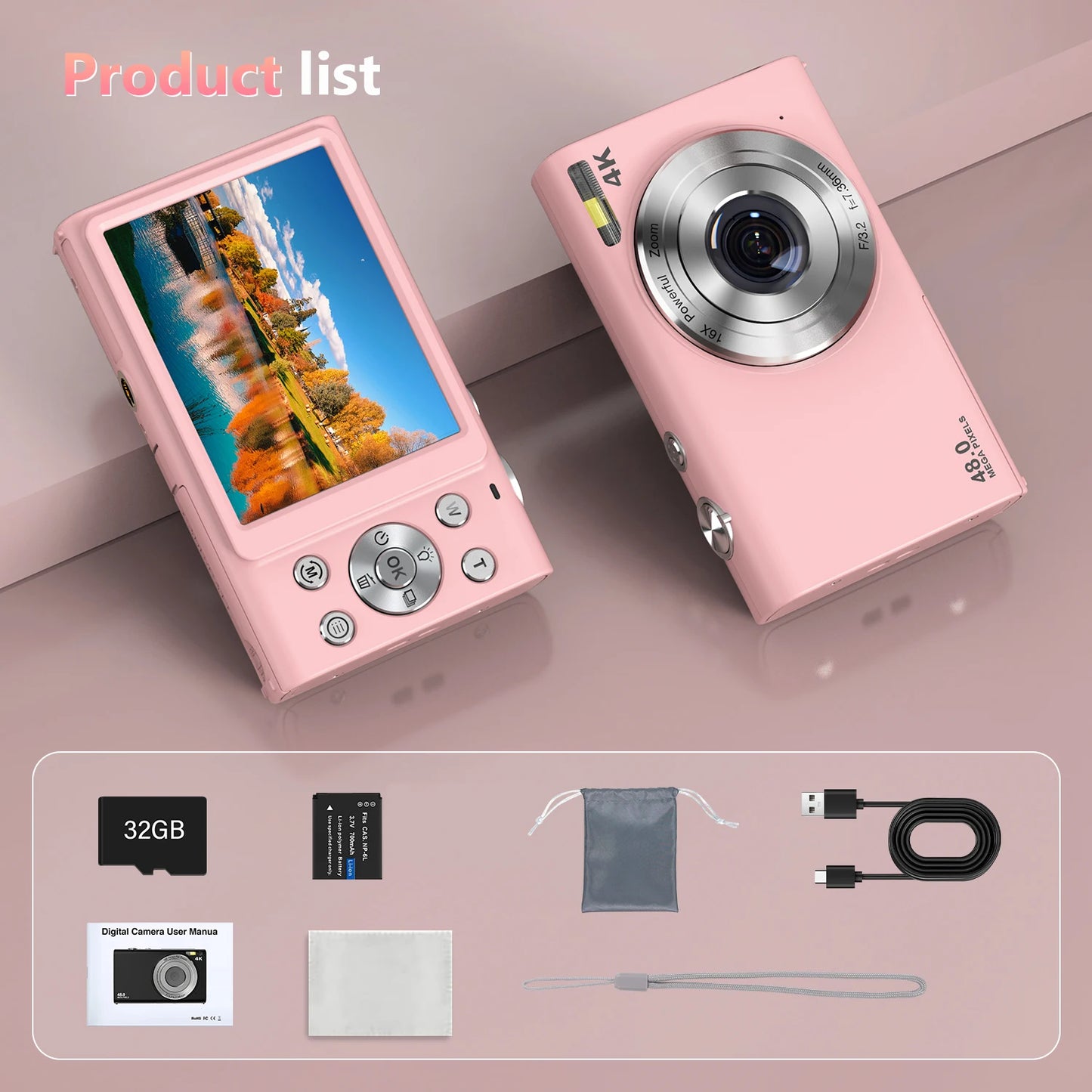 4K Digital Camera Autofocus Vlogging Camera HD 48MP with 2.8" Large Screen Camcorder Camera for Photography for Kid Adult