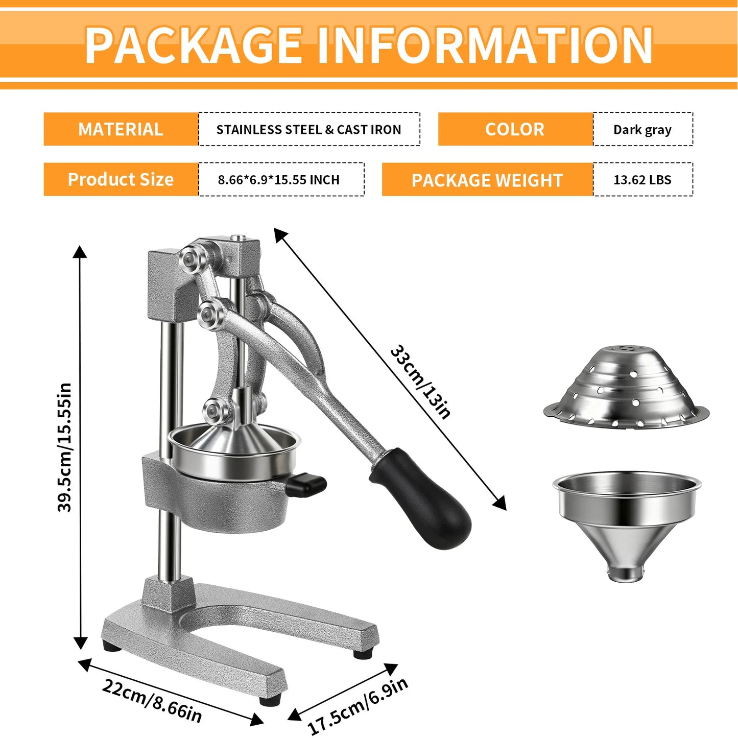 Manual Fruit Juicer 9cm Large Diameter Orange Juice Squeezer Heavy Duty Cast Iron Lemon Squeezer For Orange Lemon Pomegranate