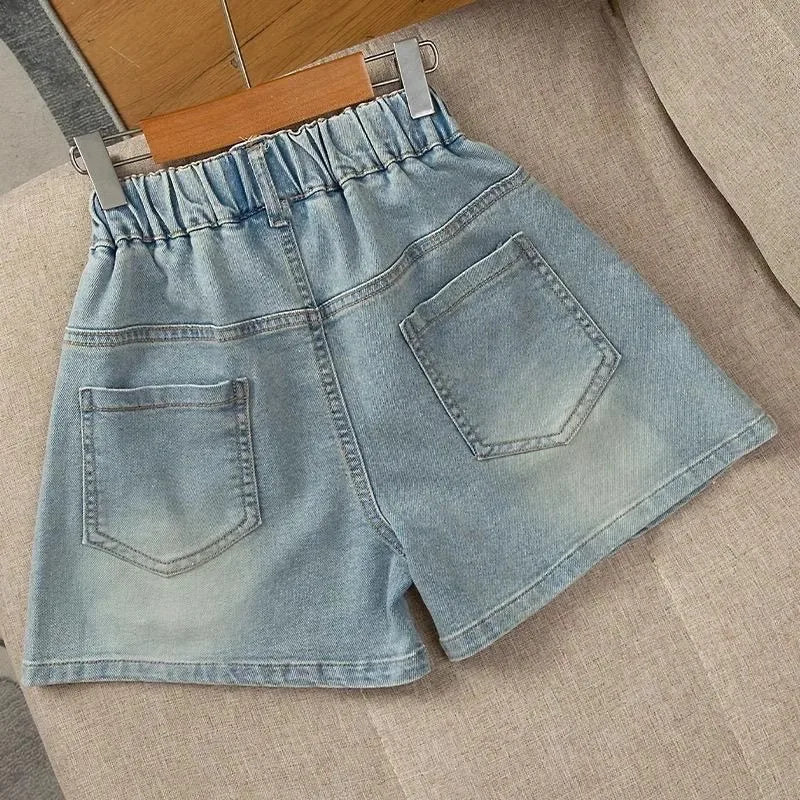 New Summer Girls Shorts Jeans Fashion Embroidery Bow Short Denim Pants For 2-12 Years Kids Clothes Children Cotton Trousers