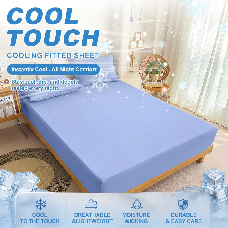 Summer Cooling Fitted Sheet Breathable Fabric With Elastic Band Solid Color Skin-friendly Fitted Sheet Cooling For Night Sleep