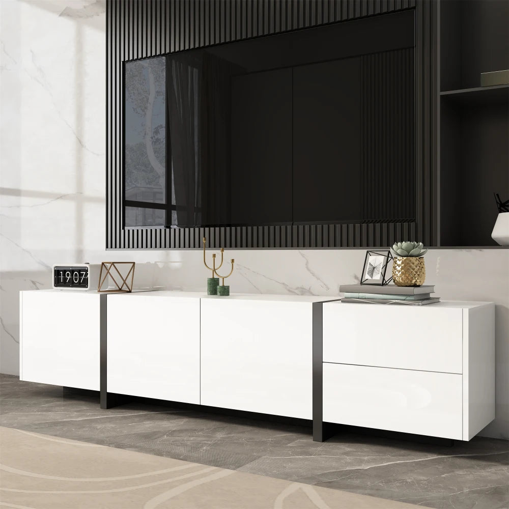 PINGGO TV cabinet, white high-gloss cabinet and black contrasting table legs, with simple cabinet doors and drawers.