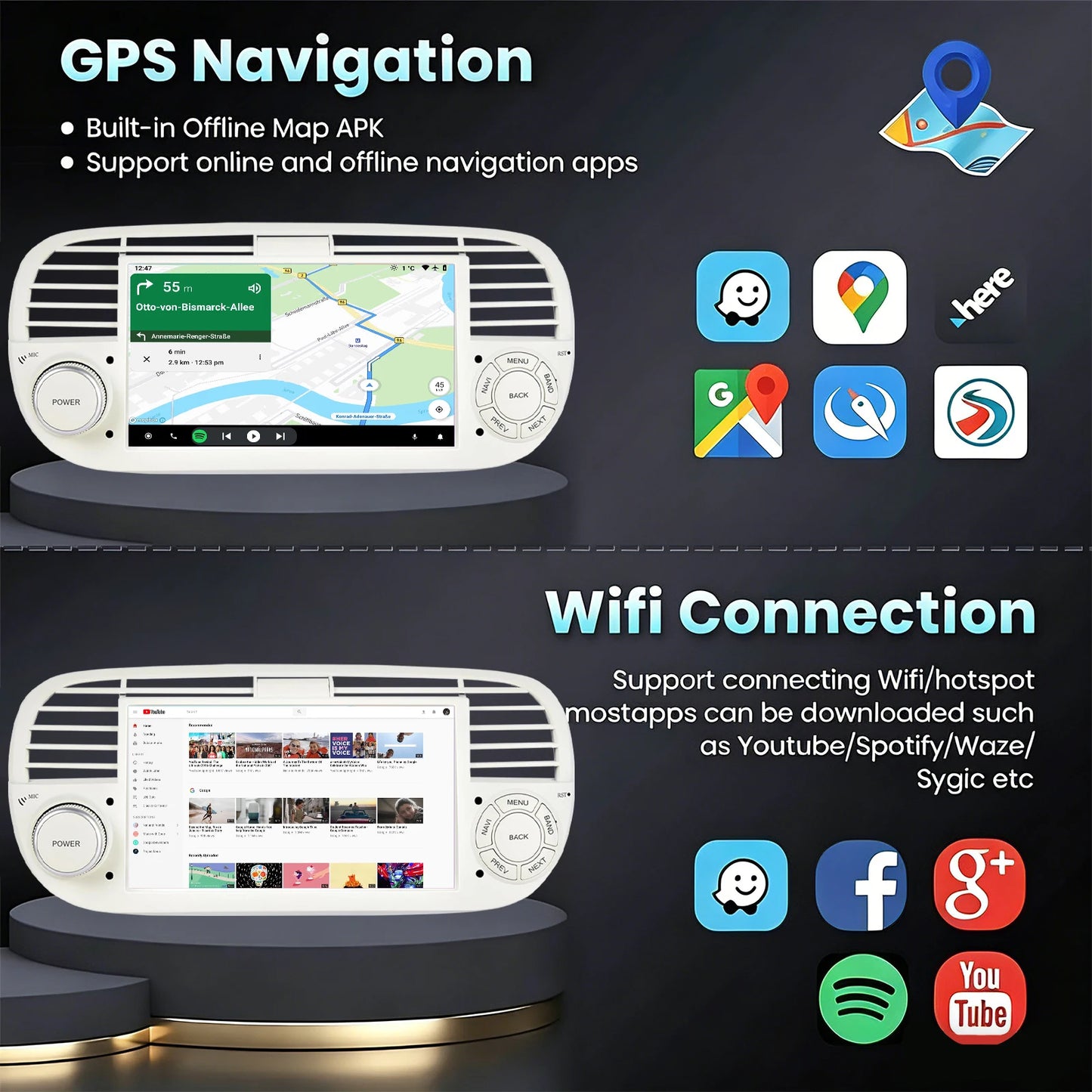 ESSGOO 7" 4+64G Android 15 For Fiat 500 2007-2015 Car Stereo Radio Wireless Carplay Android Auto GPS Navigation Bluetooth FM SWC Wifi RDS ASP IPS Touchscreen Mirror Link Multimedia Video Player