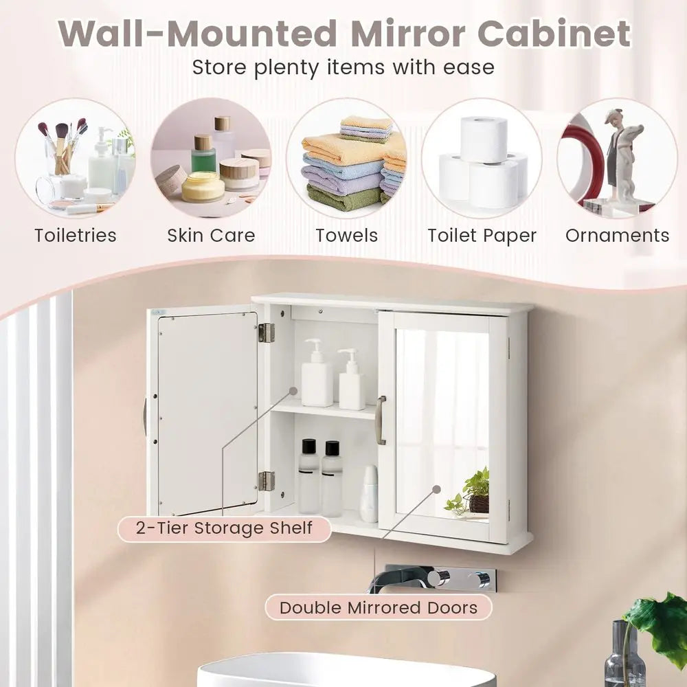 Bathroom Wall Cabinet, Double Door Mirrored Storage Cupboard with Inner Shelf, SpaceSaving Medicine Cabinet Organizer for Kitch