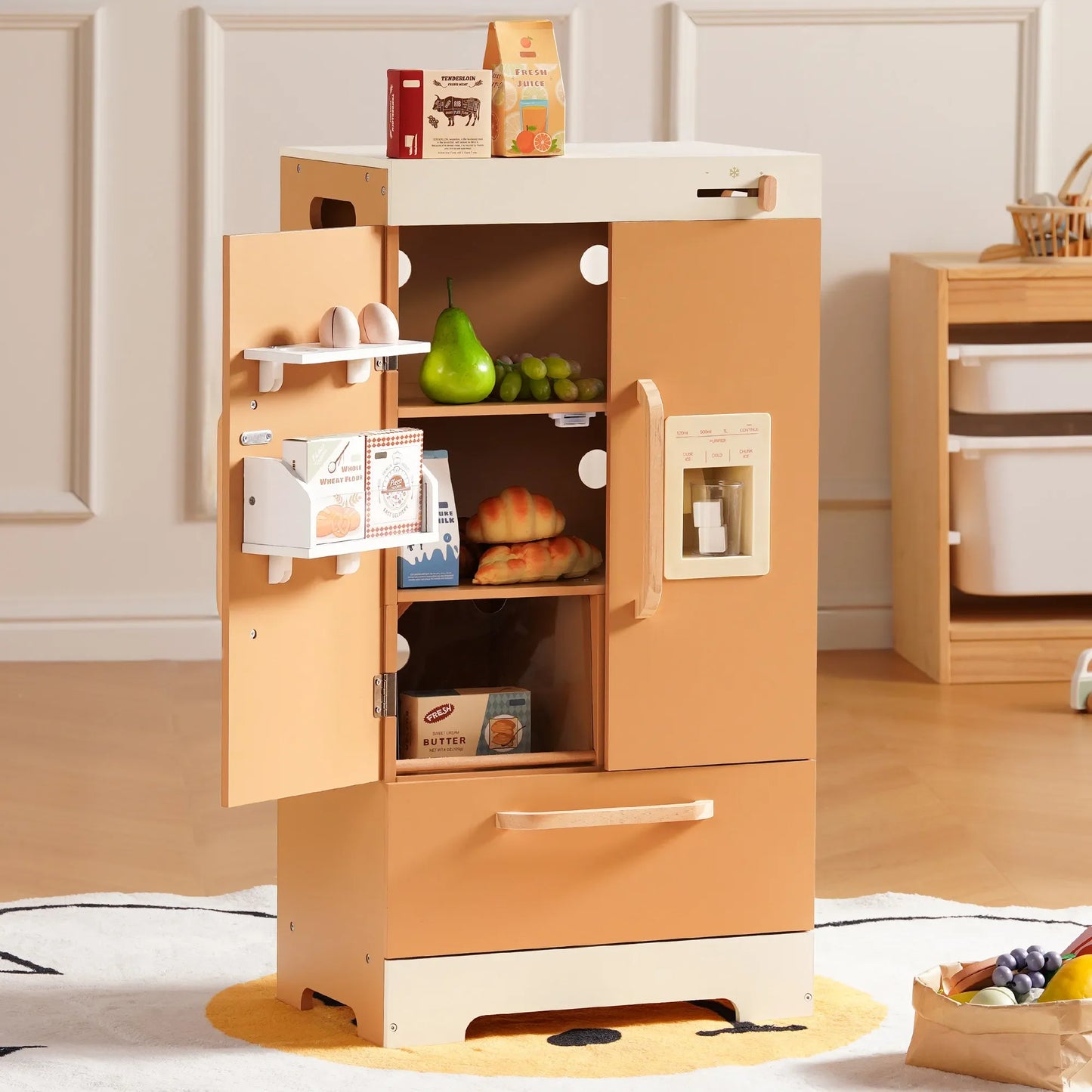 Robotime Wooden Play Kitchen Kids Kitchen Playset Washing Machine Dishwasher Toddler Kitchen Playset Gift for Boys Girls Caramel