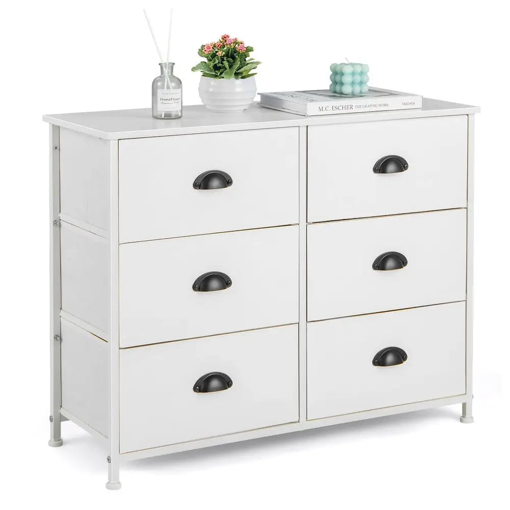 5 6Drawer Dresser, Fabric Chest of Drawers Storage Tower with Wooden Top amp Front, Metal Frame Cabinet Organiser Unit for Bedr
