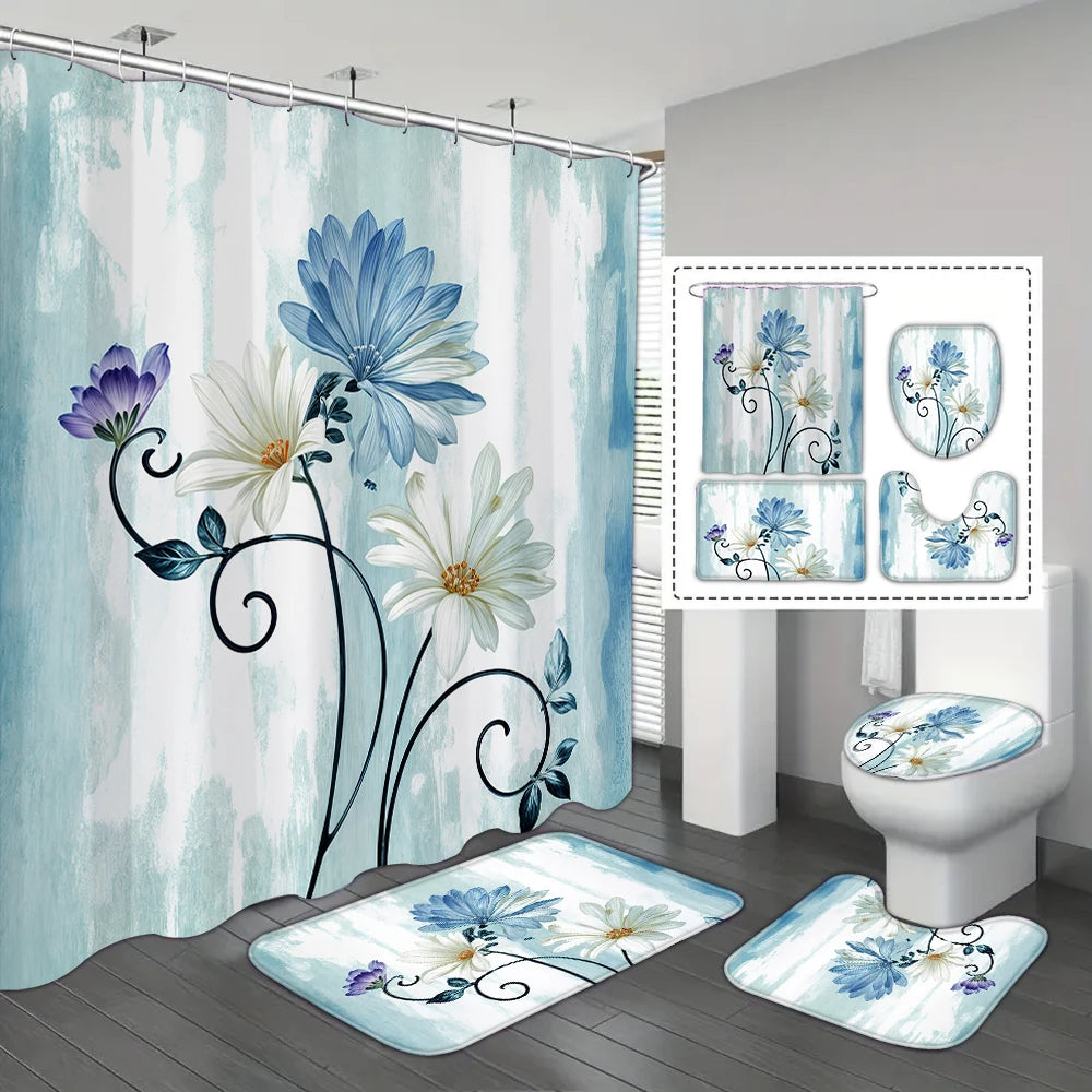 4-piece set of blue white jade orchid waterproof printed shower curtains with 12 hooks, bathroom floor mats