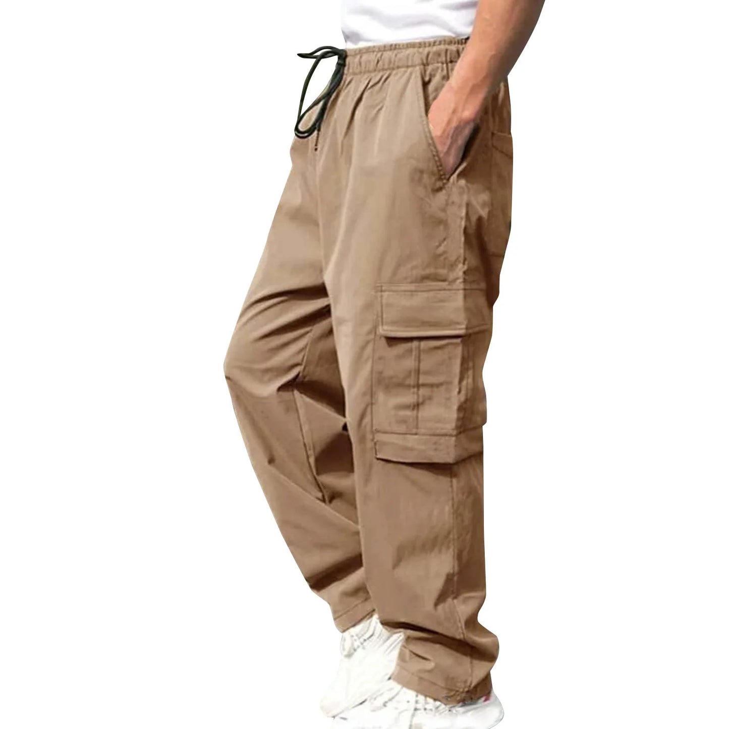 Men Loose Cargo Pants Summer Male High Elastic Waist Zip Pocket Straight Full Trousers BFDZ-A717