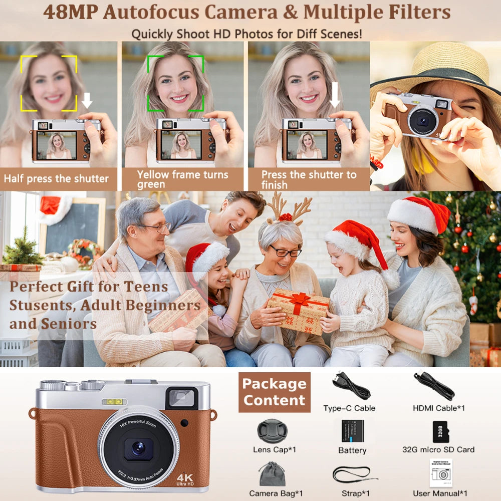 4K Digital Camera Auto Focus 48MP Vlogging Camera for YouTube and Anti-Shake Video Camera with Viewfinder Flash & Dial (Brown)