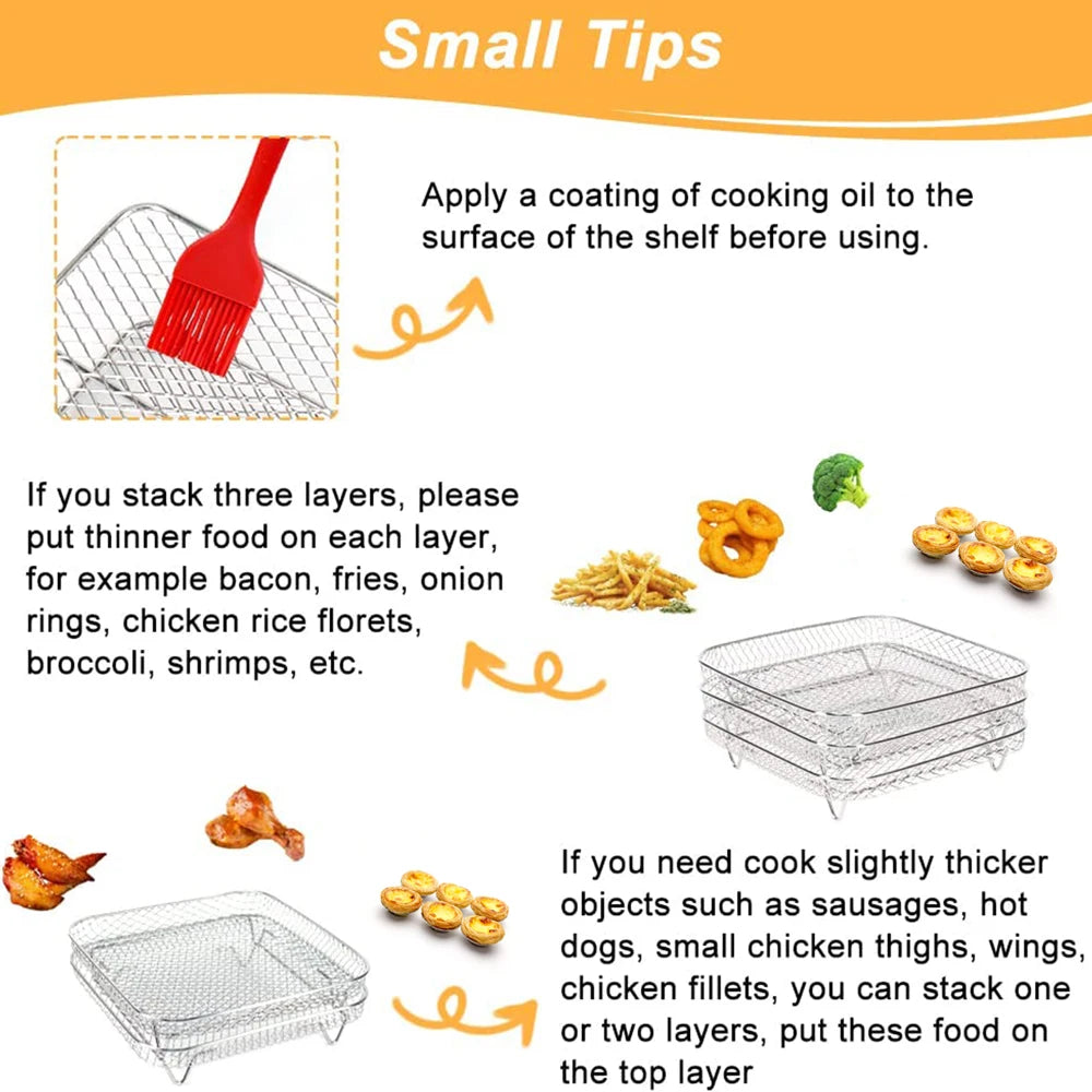 3Layer Air Fryer Racks Stainless Steel Square Air Fryer Basket Tray Stackable Dehydrator Racks Air Fryer Accessories Fit Kitchen