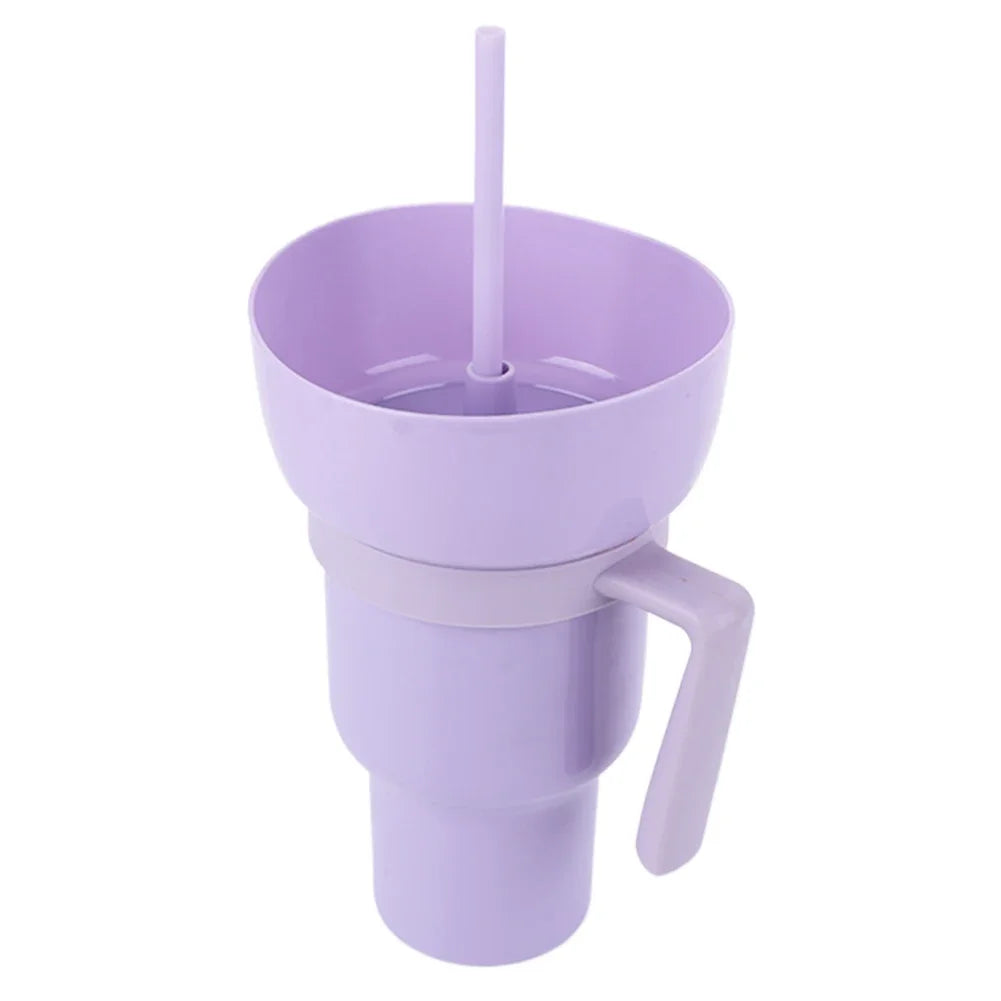 1000ml Portable Snack Container Multifunction Stadium Tumbler Popcorn Beverage Cup with Straw & Handle for Cinema Home Travel