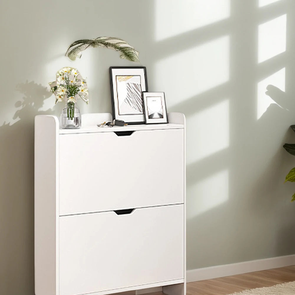 2-Tier Wooden Entrance Shoe Cabinet with Flip Drawers Shoe Organizer Cabinet Space Saving Free-Standing Shoe Cabinet for Hallway