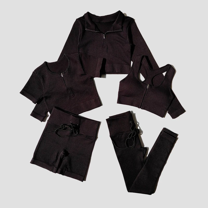 Seamless Women Yoga Set Workout Sportswear Gym Clothing Zipper Long Sleeve High Waist Leggings Fitness Bra Athletic Sports Suits