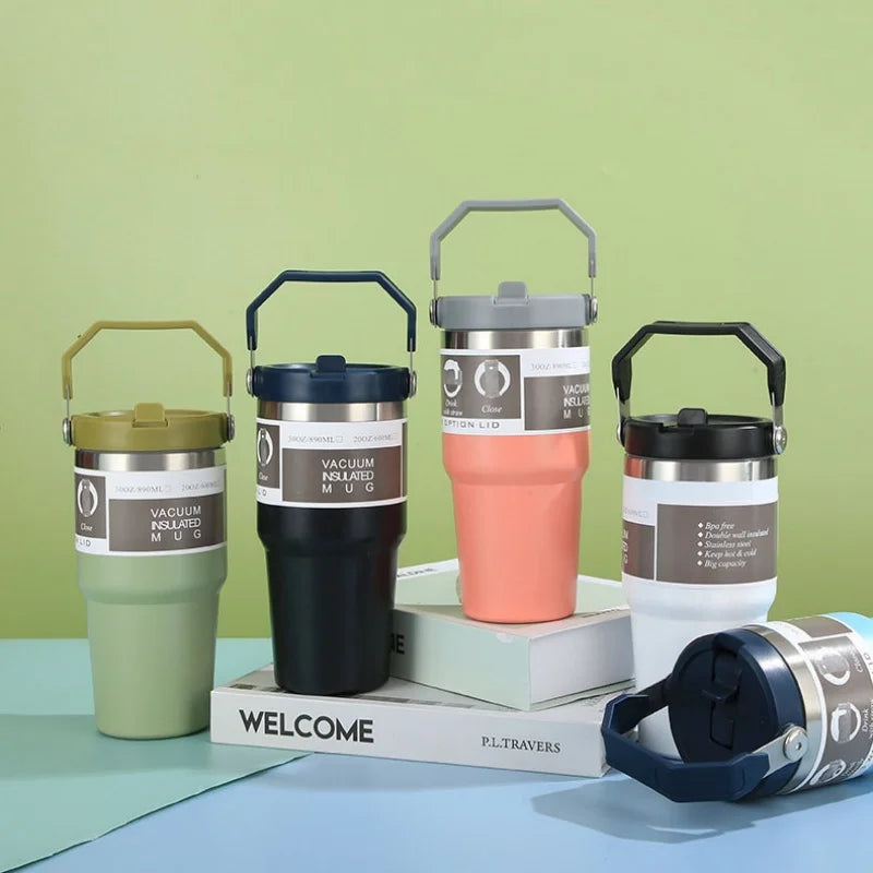 New American Simple Solid Color Stainless Steel Thermos Portable Car Easy To Carry Water Cup Thermal Insulation Cold Ice Cup