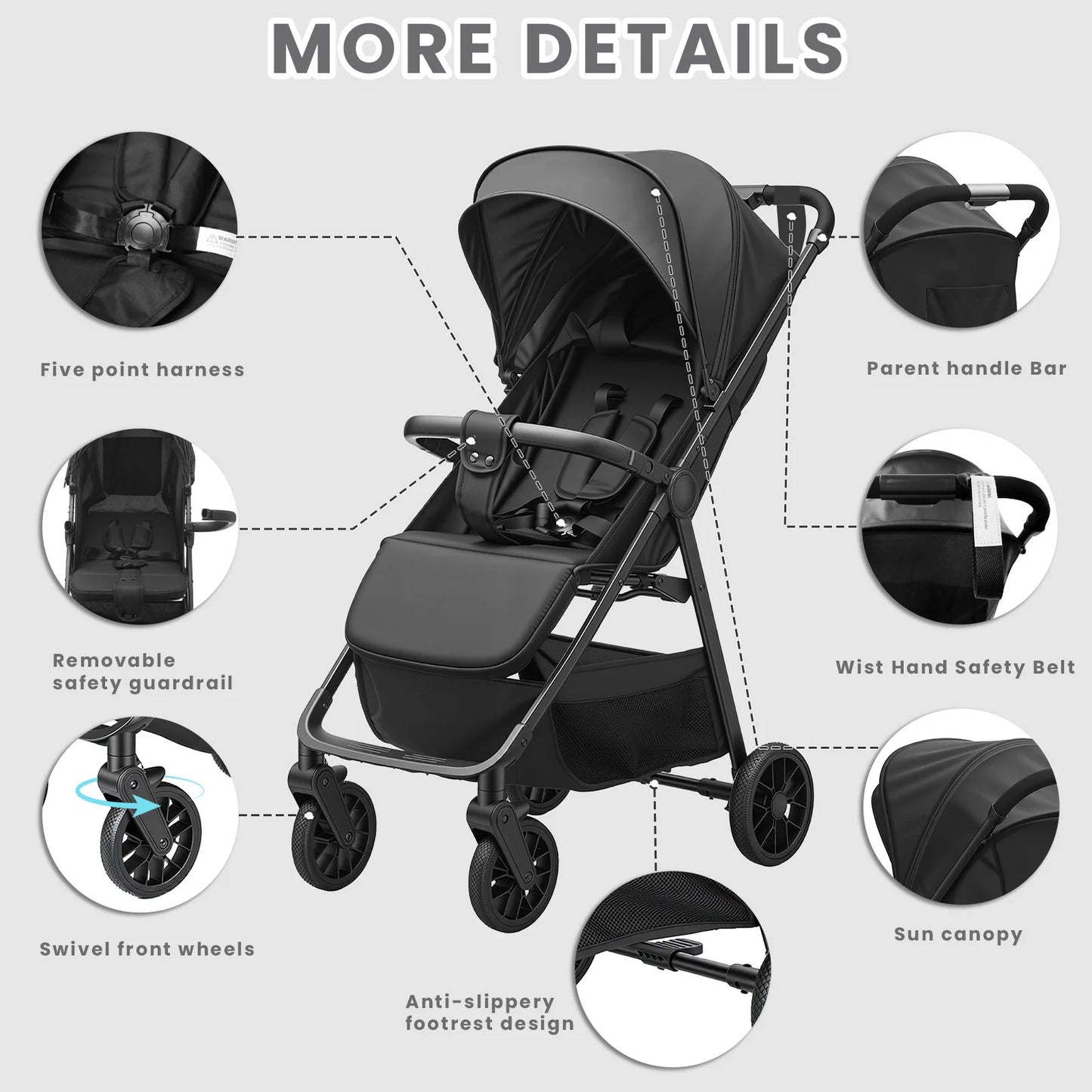Baby Stroller for Toddlers With Reclining Seat,Ultra Compact Stroller With Large Storage Basket, Canopy, for Travel Buggy