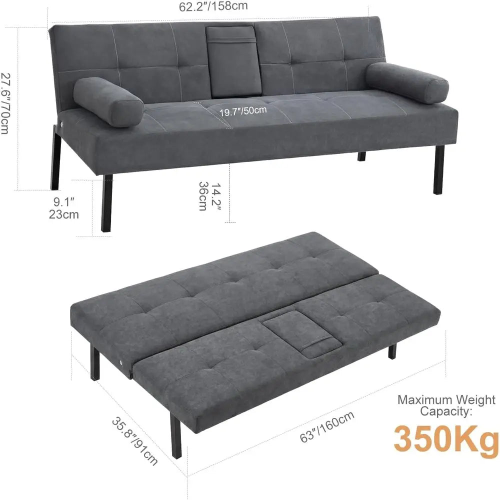 3-Seater Fabric Sofa Bed with Reclining Armrests and Grey Cup Holders