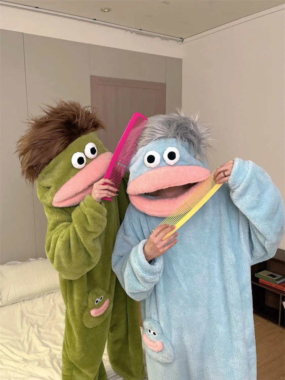 Cartoon Pajamas Autumn Winter Couple Set Wacky Bodysuit Have Hair Big Mouth Monster Hooded Homewear Girl Cute Keep Warm Pajamas