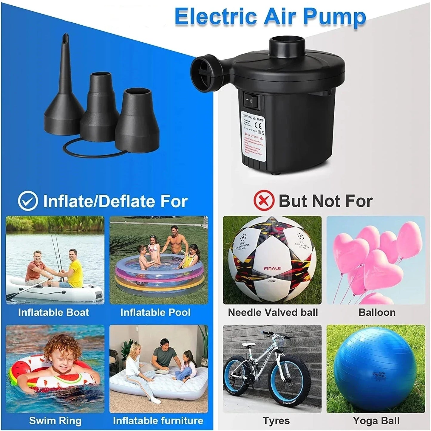Portable Electric Air Pump High Pressure Fast Inflator Deflator for Air Mattress Inflatable Boat Pool Floats Outdoor Blower