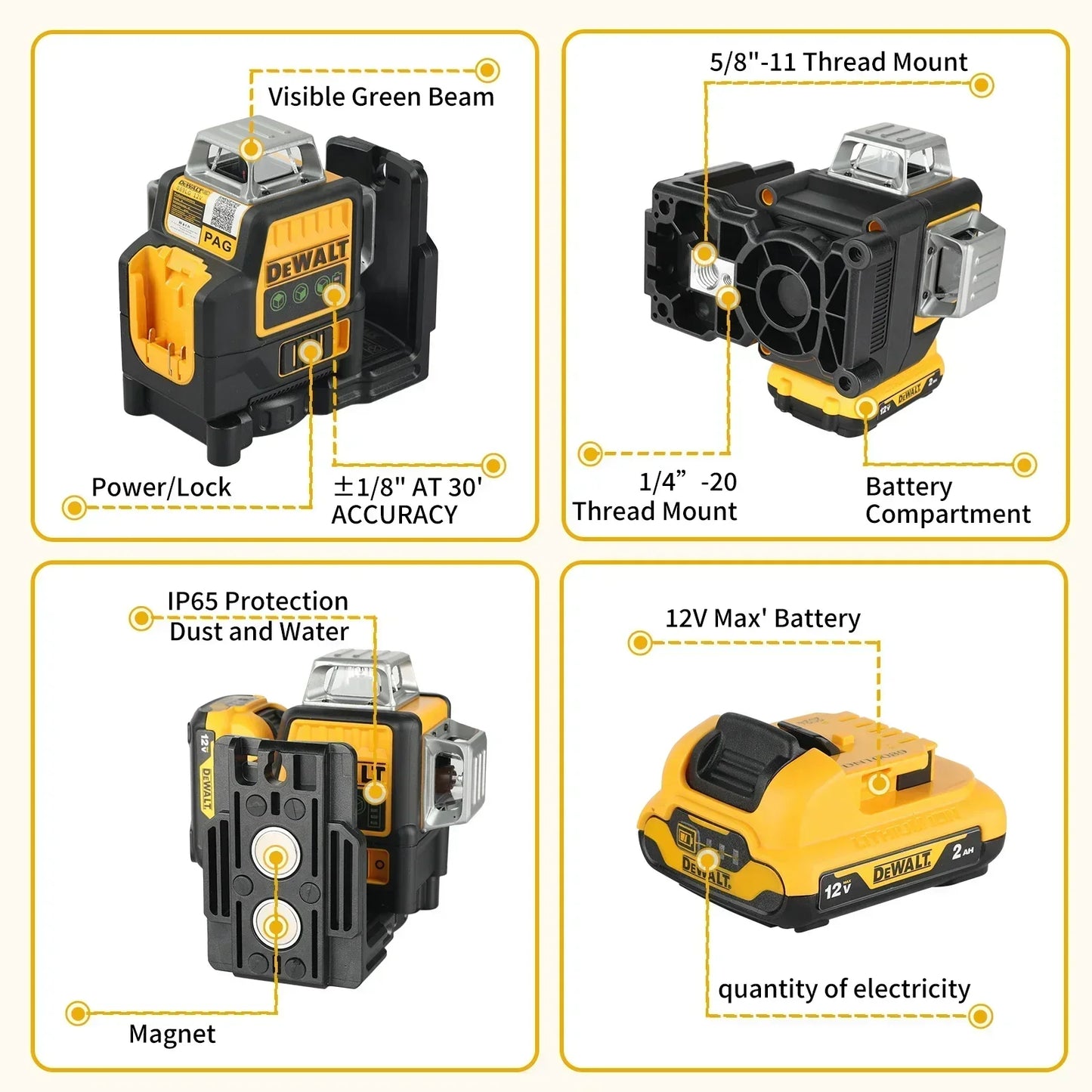 2026 Dewalt DW089LG 12 Lines 3 Sides*360 Degree Vertical 12V Lithium Battery Laser Level Horizontal Green Meter Outdoor